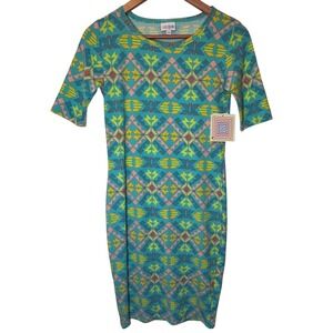 LulaRoe Julia Dress Size XS Bright‎ Colored Aztec Design 1/2 Sleeve NWT